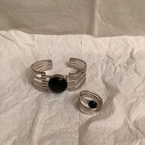 Dominique Dinouart DDD 925 Silver Black Ónix Inlay Cuff Bangle + Ring 8.5 Set‍‍